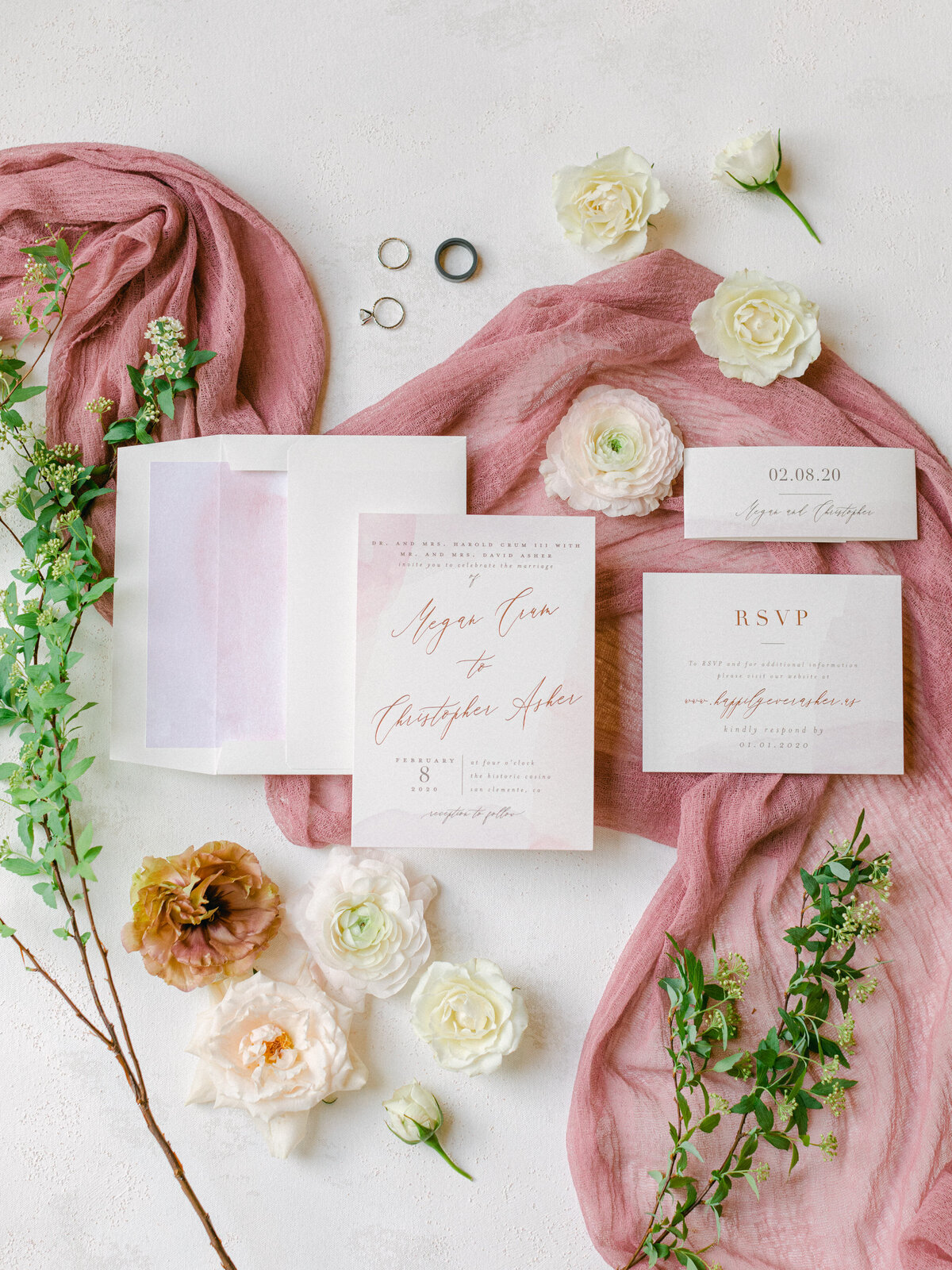 Invitation flat lay with dahlias and garden roses