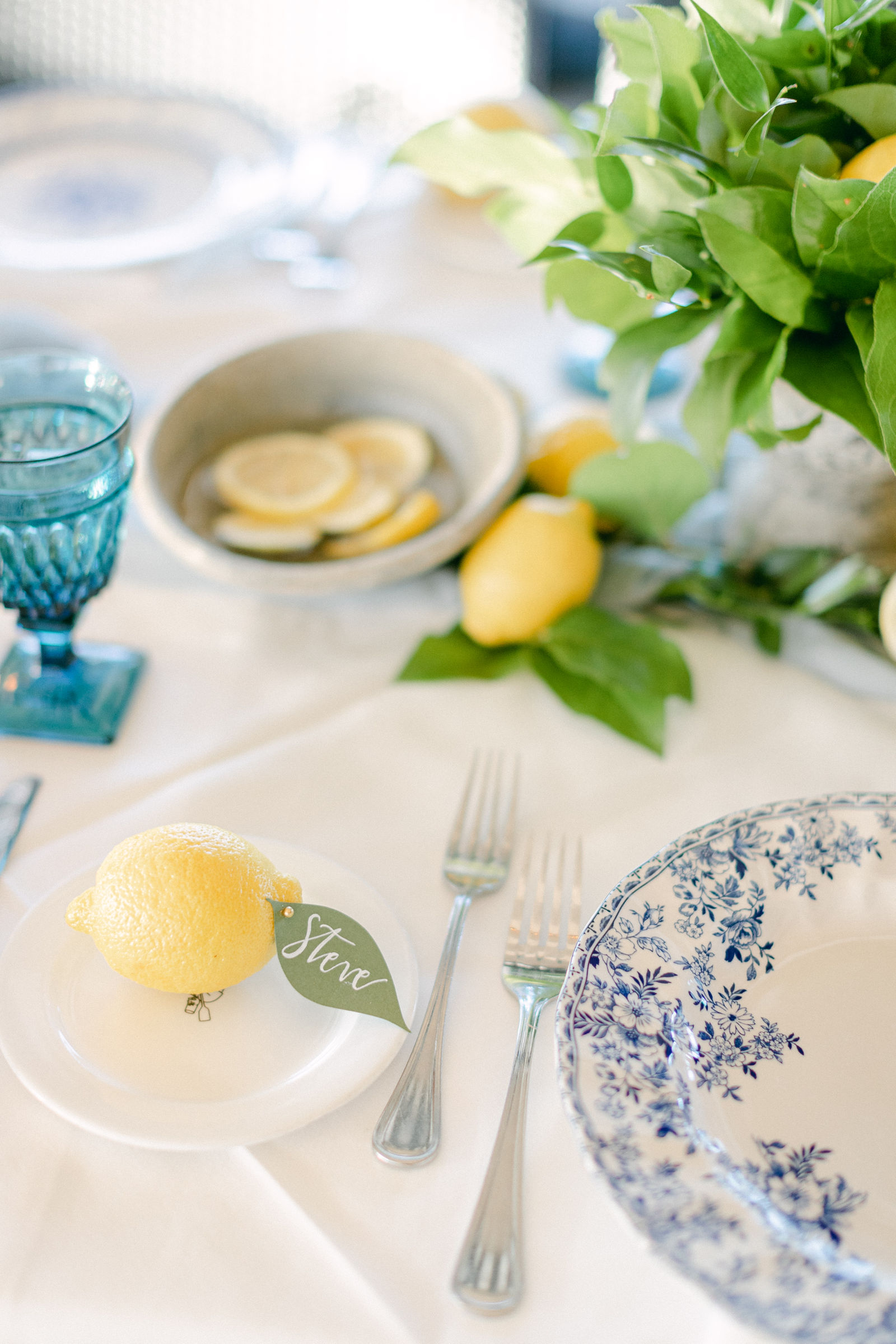 Lemon and blue china down the welcome dinner table