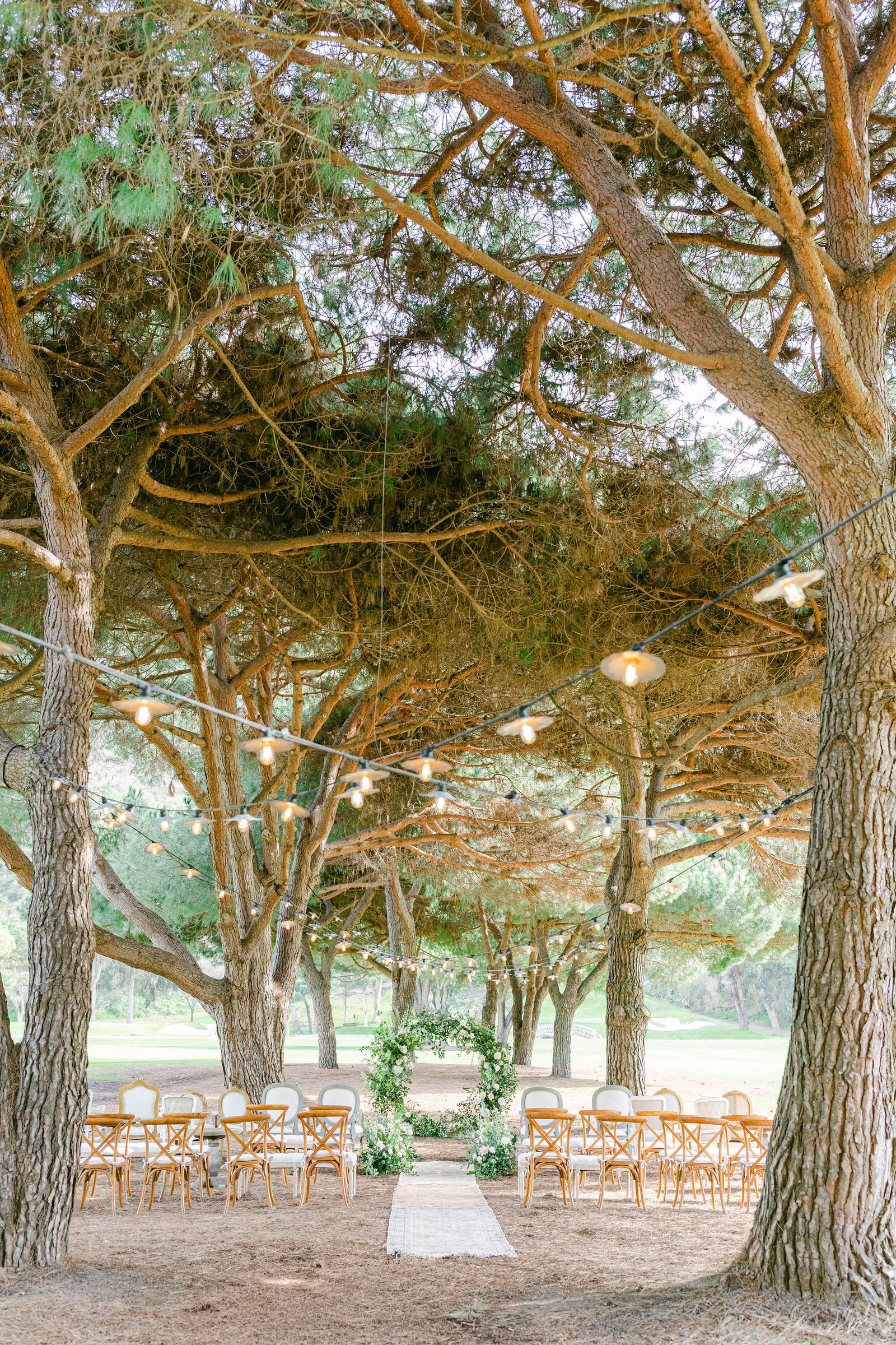 The ceremony aisle beneath the trees at The Ranch at Laguna Beach