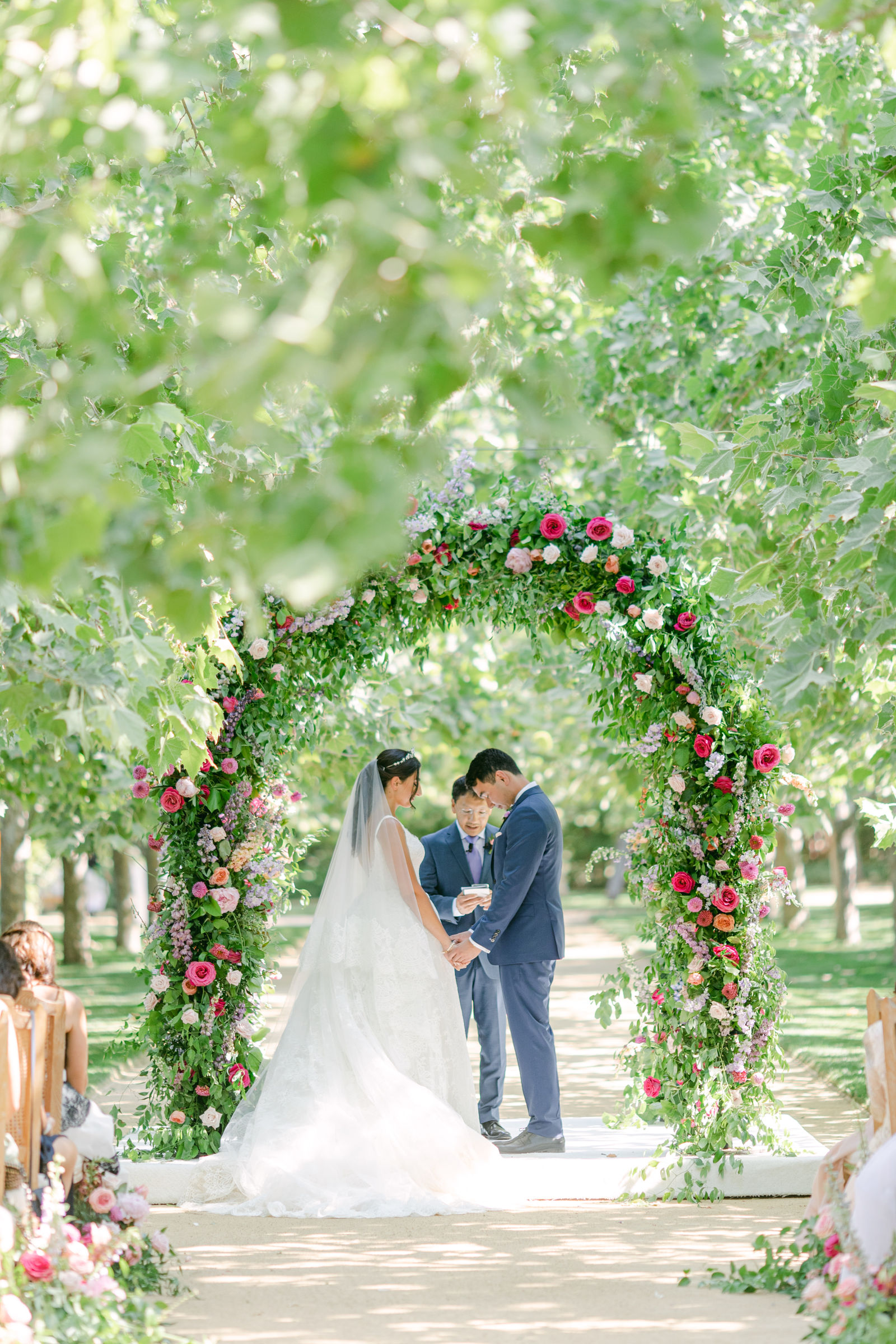 Vows beneath the rose arch in the sycamore allee at Kestrel Park