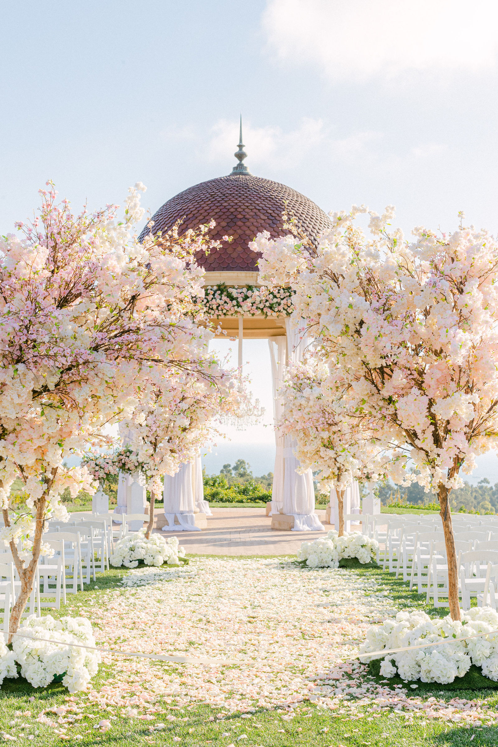 A petal aisle leading to the rotunda at The Resort at Pelican Hill